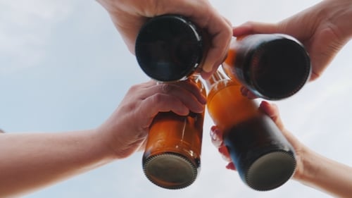 A Group of Friends Clink Glasses with Beer Bottles Against the Sky