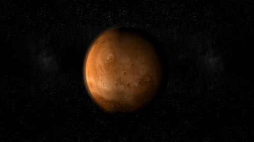 Rotating Red Planet in Starry Space Background