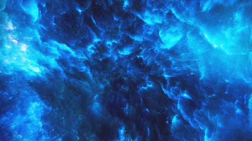 Fliegen durch abstrakten blauen, bunten Nebeltunnel im grenzenlosen Raum
