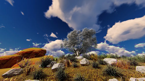 Animated Tree with White Leaves in a Scenic Nature Landscape