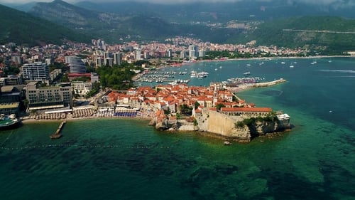 Aerial Beautiful Panoramic View at Old Town in Budva
