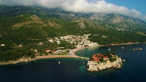 Aerial Beautiful Panoramic View at Sveti Stefan Island in Budva, Montenegro