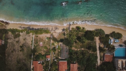 Lockdown Aerial Shot of Exotic Ocean Coast Resort Houses with Palm Trees, Waves Washing Lovely Beach