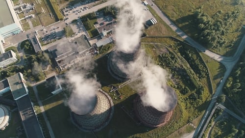 Aerial View on the Working Power Station Cooling Tower of Nuclear Power Plant Coal-burning Power