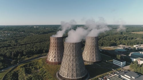 Aerial View on the Working Power Station. Cooling Tower of Nuclear Power Plant