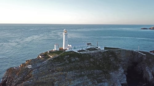 Aerial View of South Stack with Lighthouse During Sunset