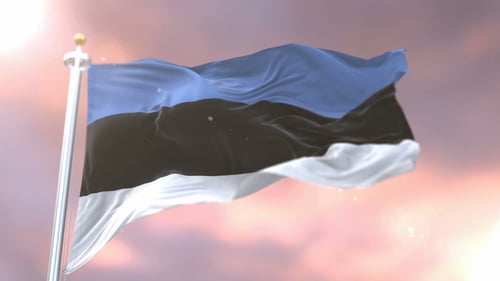 Realistic Estonia Flag Waving on Flagpole with Light Flares