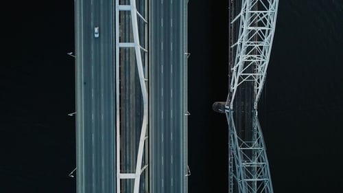 Aerial Footage. Top View Kyiv Bridge at Sunset. Moving Backward