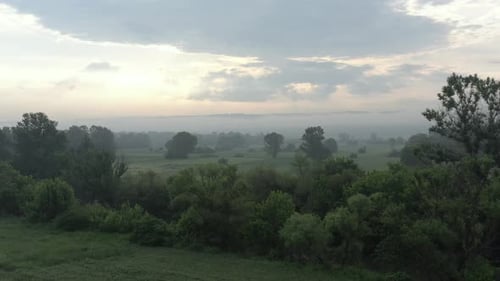 Tranquil flight above the misty spring landscape 4K drone footage