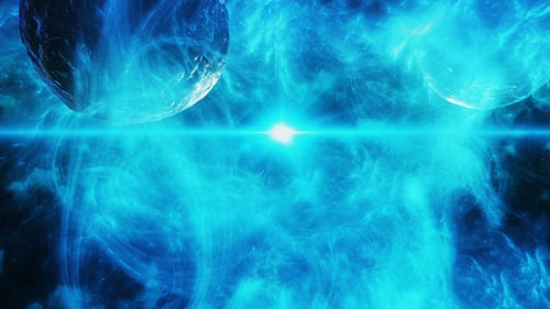 Fliegen durch abstrakten blauen, bunten Weltraumnebel mit Planeten und Sternenschein