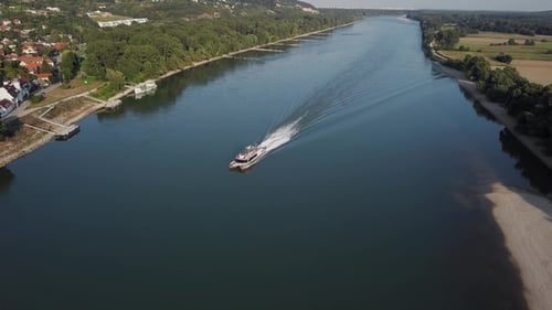 Aerial of Speed Boat on Danube