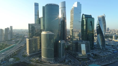 A Sunset Aerial Shot of Skyscrapers of Moscow International Business Centre