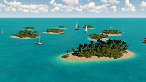 Tropical Islands and Blue Ocean with Sailboats 3D Animated Flyover