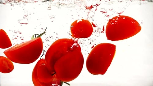 Vegetables Tomatoes Fall Into Water with Splashes and Bubbles