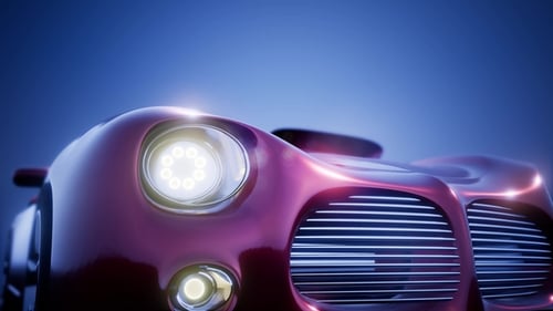 3D Animated Red Classic Car Front View with Headlight Flares