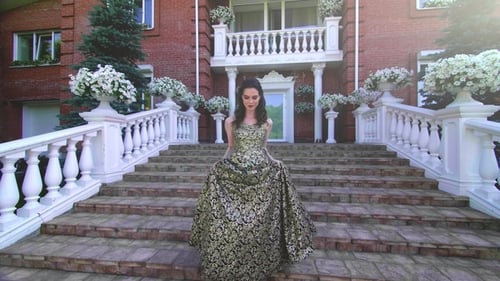 Elegant Woman Poses in Gown on Grand Staircase