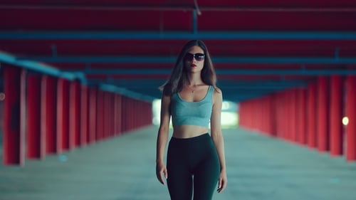 Cute Girl in Sunglasses Looks at the Camera and Goes Forward in the Underground Parking