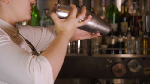 Smiling Bartender Shaking Cocktail Shaker in Bar