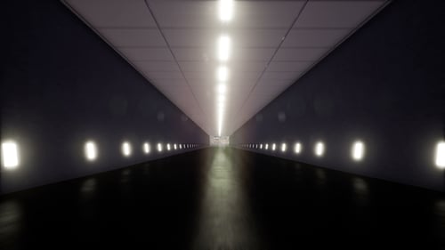 Modern Futuristic Tunnel Flythrough to Glowing City