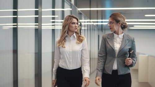 Business Women Walking Along the Lobby of the Business Center and Talking on the Move