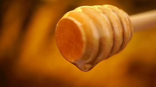 Golden Honey Dripping From Wooden Dipper Close Up