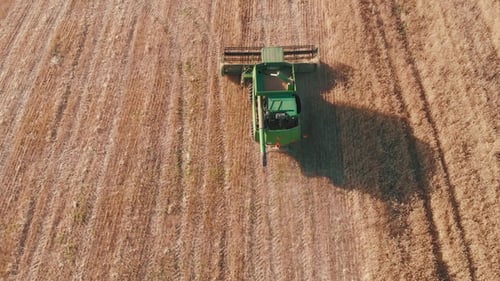 Aerial View of a Combine Harvester Working in a Field at Sunset