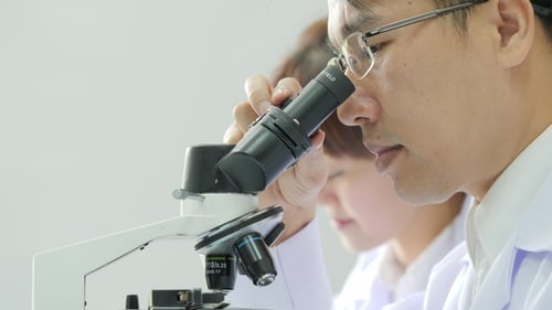 Scientists Working with Microscope in Bright Laboratory