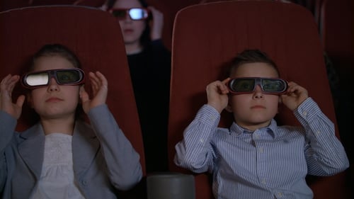 Children Wearing 3d Glasses at Cinema Chair. Brother and Sister Watch 3d Film