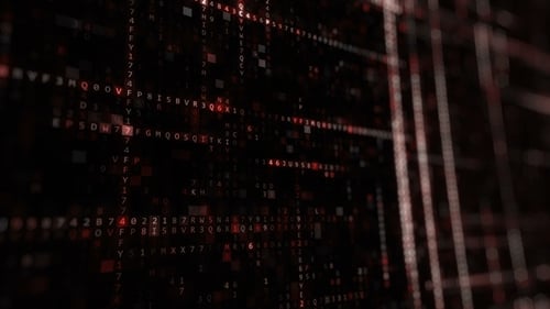 Futuristic Data Stream Grid with Red Glowing Characters