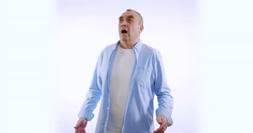 Closeup. Portrait Sneezing of Elderly Man on White Background