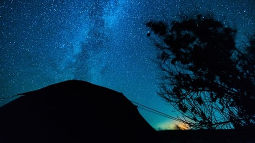 Étoiles. Camping sous les étoiles. Étoiles se déplaçant sur les arbres et la tente