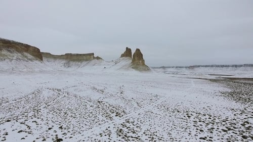 Amazing Aerial View of Snow-covering Ustyurt Sandy Mountains in Western Kazakhstan, Mangyshlak