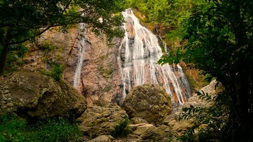 Jungle Paradise Landscape of Tropical Country. Waterfall Cascade in Green Rain Forest