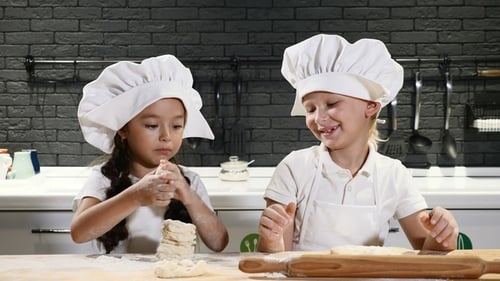 Funny Cooking. Children Cook Cake Together, Rolling Dough and Playing