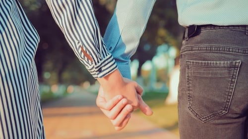 Young Loving Couple Holding Hands Walking Along the Summer Park