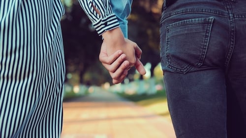 Young Loving Couple Holding Hands Walking Along the Summer Park