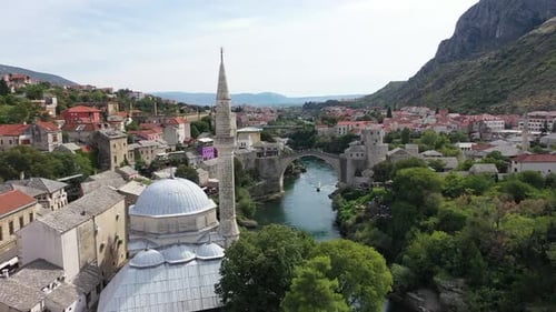 Stari Most and Old Mosque in Mostar, Aerial View
