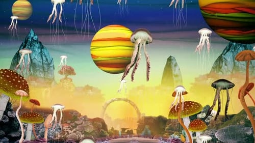 Surreal Fantasy Landscape Animation with Floating Jellyfish and Planets