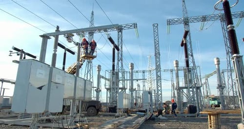 Lots of Workers at the Construction Site of the Wind Power Plant, Crane,