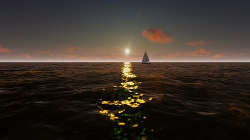 Flying Above Sea From Rocky Coast At Sunset