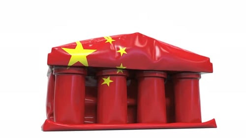 Deflating Bank or Government Building with Printed Flag of China