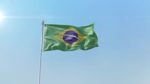 Brazil National Flag Waving in Realistic Blue Sky Background