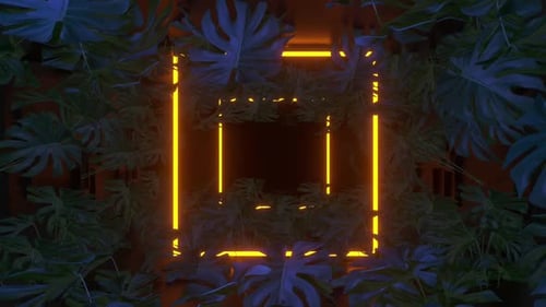 Glowing Neon Frame Reveal Through Tropical Leaves Tunnel
