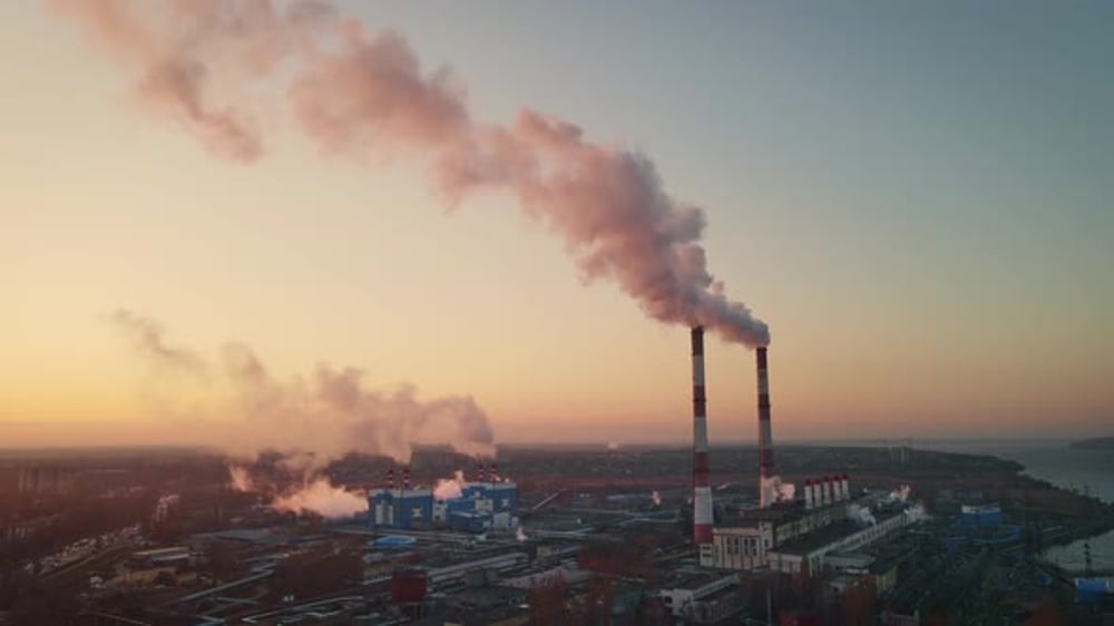 Industrial factory pollution, smokestack exhaust gases. Industry zone ...