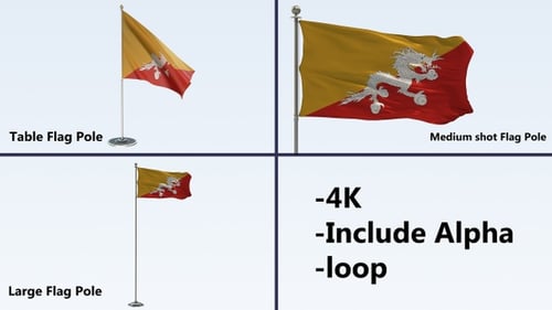 Bhutan Flag Waving on Multiple Flagpoles with Alpha Channel