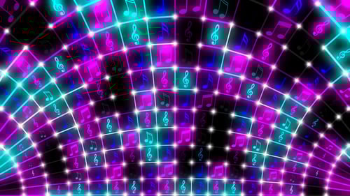 Dynamic Neon Music Notes Grid Loop Background
