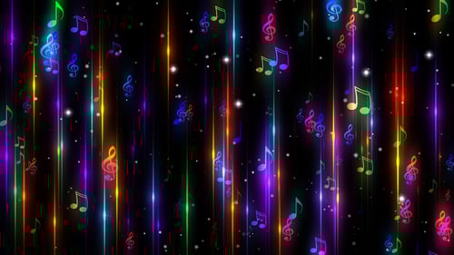 Vibrant Neon Musical Notes and Light Rays Background