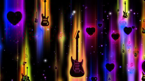 Vibrant Neon Guitars, Hearts, and Music Notes Falling Loop