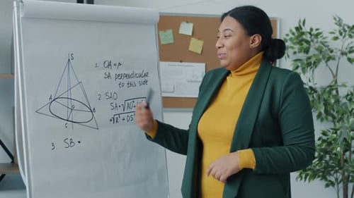 Woman Explaining Math Equations on Whiteboard