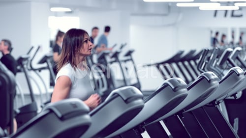 Adult Woman Runs on Treadmill at the Fitness Centre. Attractive Sporty Girl Running on the Treadmil